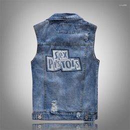 Men's Vests 2022 Pleated Design Man Denim Vest Hole Washed Jeans Waistcoat Men Plus Size 5XL Male Sleeveless Jackets