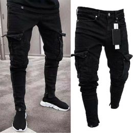 Mens Jeans Men Biker Ripped Long Denim Trousers Skinny Jeans Pants Destroyed StretchyBlack Pants 221008