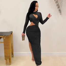 Casual Dresses Hollow Out Shiny Bodycon Dress Women Festival Clothing Autumn High Slit Black Party Night Club Sexy Long Sleeve Maxi