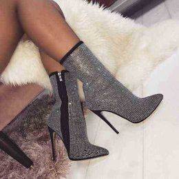 Designer Boots Sping Pointed Toe Rhinestone Shiny Mesh Mid Calf Side Zipper Thin High Heel Antislip Rubber Fashion Stiletto Womens Shoes 220815