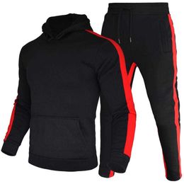 Men's Tracksuits Pieces Sets Tracksuit Men New Brand Autumn Winter Hooded SweatshirDrawstring Pants Male Stripe Patchwork Hoodies Casual Suits G221010