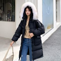 Women's Down 2022 Winter Women Mid-length Big Fur Collar Hooded Cotton-padded Coat Korean Casual Long Sleeve Ladies Warm Parkas Outwear