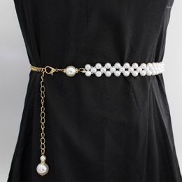 Belts Imitation Pearl Elegant Belt For Women Gold Metal Adjustable Thin Body Chains Skinny Ladies Dress Waistband