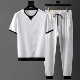 Men's Tracksuits Sets Summer Short Sleeve Tops Elastic Waist Trousers Clothing Two Piece Set Korean Streetwear Tracksuit Big Size G221010