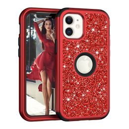 Glitter Three Layer Heavy Duty Defender Phone Cases For iPhone 14 13 12 11 15 Pro Max Bling Glitter Shockproof Protective Cover