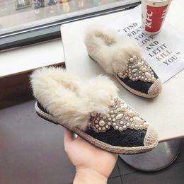 Dress Shoes OLOMLB Womens Round Toe Pearls Beads Flats Fur Warm Winter Loafers Espadrille Slip On Hemp Soles Casual Girl Shoes Ladies 2022 T221010