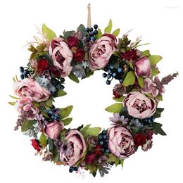 Decorative Flowers Artificial Rose Peony Flower Wreath - Berry With Green Leaves Spring For Front Door Wedding Party Wall Home Decor