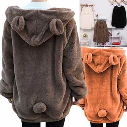 Women's Jackets ZOGAA Cute Loose Fluffy Bear Ear Hoodie Jacket Plush Coat Warm Soft Zipper Plush Overcoat Hoodie Jacket Imitation Rabbit Fur 3XL T221008