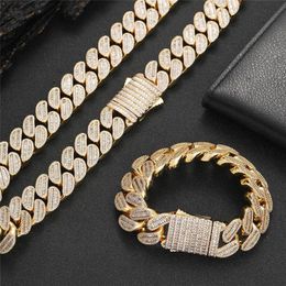 16mm 16-24inch Bling CZ Iced Out Miami Cuban Link Chain Mens White Yellow Gold Chains Thick Necklace Bracelet Fashion Hip Hop Jewelry