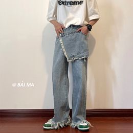 Men's Jeans Men's Straight Jeans Patchwork Fake Two Piece High Street Oversize Loose Casual Denim Burrs Trousers Harajuku Hip Hop Jean Pants 221008