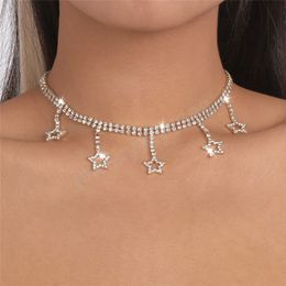 Vintage Exquisite Crystal Star Pendant Necklace Women Wedding Bridal Cool Shiny Rhinestones Tennis Chain Y2k Jewellery