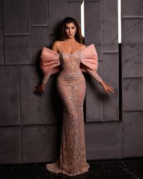 Shiny Sequins Beads Prom Dresses Elegant Pink Mermaid Evening Dress Custom Made Long Sleeves Glitter Women Celebrity Party Gown wly935