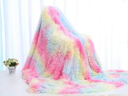 Double Layer Blanket Winter Cozy Warm Long Plush Rainbow Throw Blanket For Sofa Bed Colorful Furry Fluffy Tie Dye Bedspread