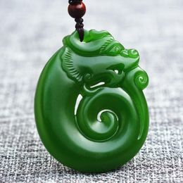 Pendant Necklaces Drop Green Jades Necklace Carved Double-sided Hollow-out Chinese Dragon Fortune Amulet Women Fashion Jewellery