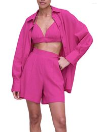 Women's Tracksuits Women 3 Piece Tracksuit Outfits Lapel Long Sleeve Button Shirt Bra Top And High Waist Short Loungewear