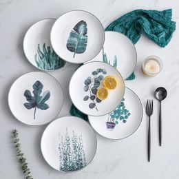 Plates 1PCS 8inch Green Plants Porcelain Dinner Plate Tableware Set Ceramic Dessert Dish Dinnerware Cake Beef Steak