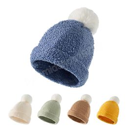 Children's Solid Color Furball Hat Infant Comfortable Warm Teddy Velvet Caps Toddler Headwear Photography Props