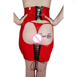 Skirts Female Open Hip Buttock Exposing Bondage Skirt PVC Leather Lace Up Spanking Tight Fit Gothic Fetish Club Erotic 7XL