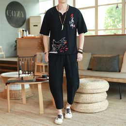 Men's Tracksuits Embroidery Sets Linen Short Set 2022 Summer Mens Cotton Shorts Suit Male Streetwear Chinese Style 2 Piece V-Neck Men's