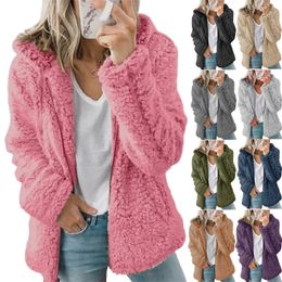 Cappotto da donna in finta pelliccia con tasche con cerniera calde in flanella a maniche lunghe