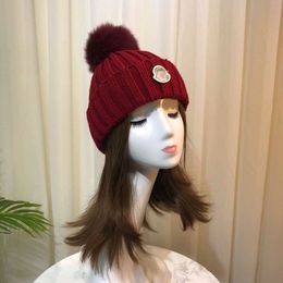 Beanie Fox Fur Ball Knitted Hat Ruffled Striped Warm Skull Caps for Men and Women