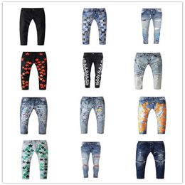 Men Jeans Baggy Designer Pants For Middle Waist Slim Fit Leopard Patch Long Light Blue Printing Cotton Self-Cultivation Make Old Washing For