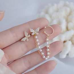 Backs Earrings Clip-on & Screw Back Korean Temperament Pearl Butterfly Ear Bone Clip Gold Colour Bling Delite Zircon Earring Wedding Bridal