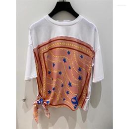 Women's T Shirts 2022 Summer Fashion Vitality Star Print Stitching Frenulum O-Neck Short-Sleeved T-Shirt Solid Colour White Casual Tops Tee