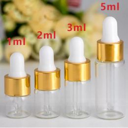 Partihandel mini provglasdroppar flaskor 1 ml 2 ml 3 ml 5 ml klar parfym eteriska oljeserumflaskor med guld svart silver kepsar