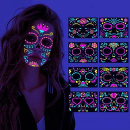 Fluorescent Halloween Face Tattoo Sticker Day of the Dead Funny Temporary Neon mask for Festival Masquerade Party Makeup