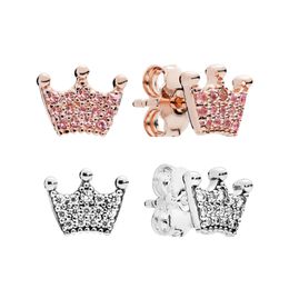 Womens Real Sterling Silver Crown Stud Earrings Cute Wedding Jewellery with Original Box Set for Pandora Rose Gold CZ diamond Girlfriend Gift Earring