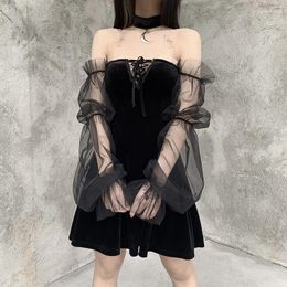 Casual Dresses Gothic Vintage Sexy Lace Up Black Dress Goth Aesthetic Mesh Long Sleeve Mini Women Harajuku High Waist Party 2022