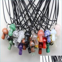 Pendant Necklaces Wholesale Carved Mushroom Natural Gem Stone Pendant Quartz Crystal Amethyst Tiger Eye Hand Charms For Diy Jewellery M Dh2J9