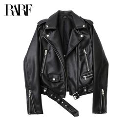 Women's Leather Faux Spring and Autumn faux leather PU jacket with belt women's lapel motorcycle black zip biker 221010