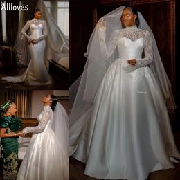 Two Pieces African Mermaid Wedding Dresses With Detachable Train 2023 Fashion High Collar Lace Muslim Bridal Gowns Vintage Satin Aso Ebi Vestidos De Novia CL1245