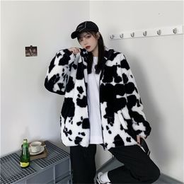 Women's Leather Faux Korean Winter Fashion Coat Harajuku Cows Printing Loose Full Sleeve Jacket Vintage Flannel Keep Warm Cotton Clothes 221010
