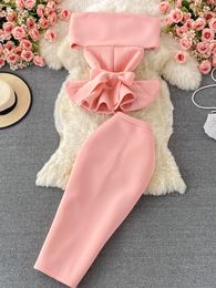 Two Piece Dress FTLZZ Summer Women Sets Sexy Slash Neck Off Shoulder Ruffled Sash Tie Up Crop Top and Empire Slim Bodycon Skirt 221010