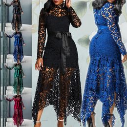 Casual Dresses Elegant Vintage Party Sexy Lace Long Dress Plus Size 5XL Women Mesh Hollow Bodycon Blue African Maxi Ladies Vestidos