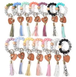 Novelty Valentines Day Party Favour Love Wood Chip Silicone Head Bracelet Keychain Wristlet Tassels Handchain Keys Ring FY3524 Wholesale