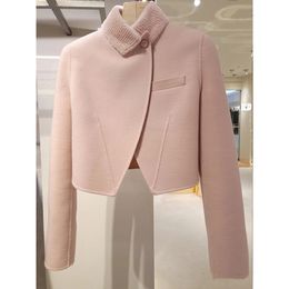 Womens turn down collar long sleeve pink color woolen asymmetric jacket short coat XSSMLXL
