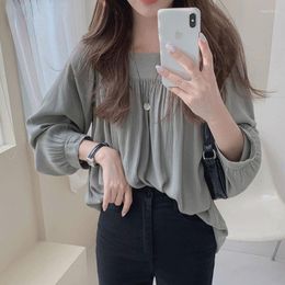 Women's Blouses Ladies Tops Korean Style Square Collar Shirts Spring Long Sleeve Loose Chiffon Solid Apricot