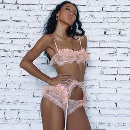 Bras Sets French Women Lace 3pcs Lingerie Underwear Floral Mesh See Through Ultra Thin Bra and Panty with Garter Sexy Bralette Set 221010