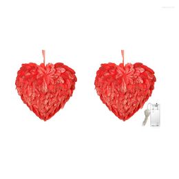 Decorative Flowers 594C Heart Shaped Wreath Double Sided Glitter Feather Garland With LED Light For Door