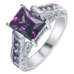 Wedding Rings Hainon Trendy Purple Crystal Silver Colour CZ Zircon Ring Jewellery For Women Party Gift Square Romantic Band Jewellery