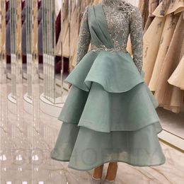 2023 Muslim Sage Green Formal Evening Dresses With High Neck Long sleeve Organza Lace Beading Prom Party gowns Robe de soiree de mariage