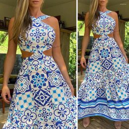 Casual Dresses 2022 Dress Long Summer Beach Suit Feminine Halter Neck Retro Print Sleeveless Sun Skirt