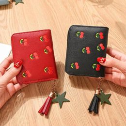 Wallets Cherry Embroidered Women Short Wallet Fashion Zipper Coin Purse Tassel Girls Clutch Purses Cards Holder Pocket