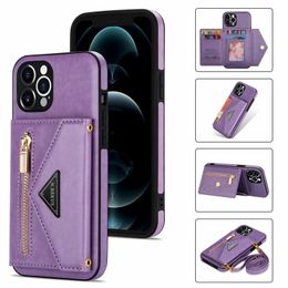 Shockproof Phone Cases for iPhone 14 13 12 11 Pro Max XR XS X 7 8 Plus - 3 Folds Skin-Feeling PU Leather Anti-fall Protective Case with Zipper Coin Purse and Shoulder Strap
