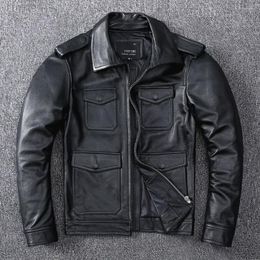 Men's Jackets Black Hunting Leather Jacket For Men Turn Down Collar Cow Skin Multiple