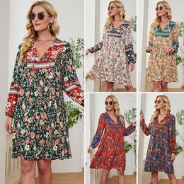 Casual Dresses Flower Printed Long Sleeve Vintage Dress Western Style V Neck Keen Length Bohemia Fall For Women Holiday Vacation